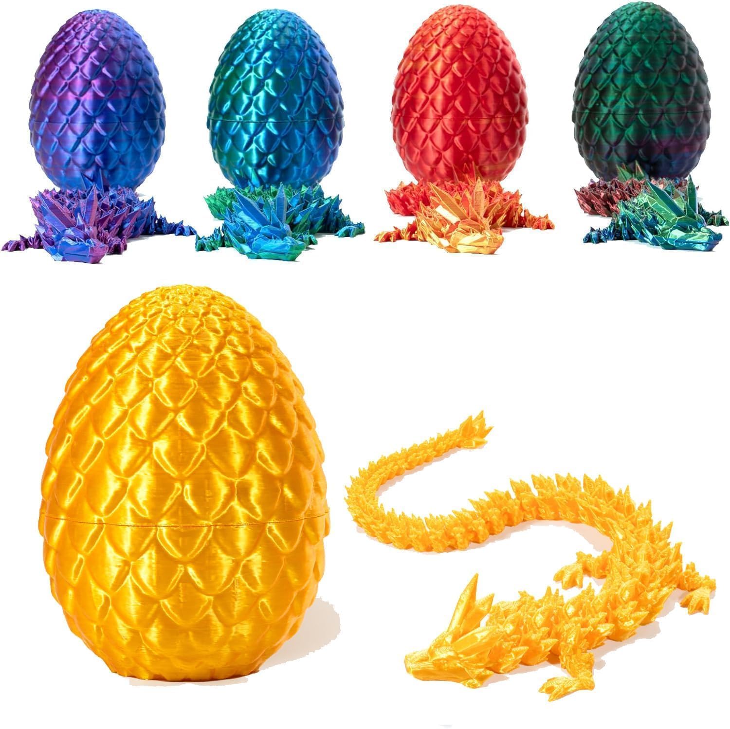 3D Printed Articulated Dragon in Egg - Crystal Dragon Fidget Toy, Home Office Decor Executive Desk Toy for Kids Adults (Gold)