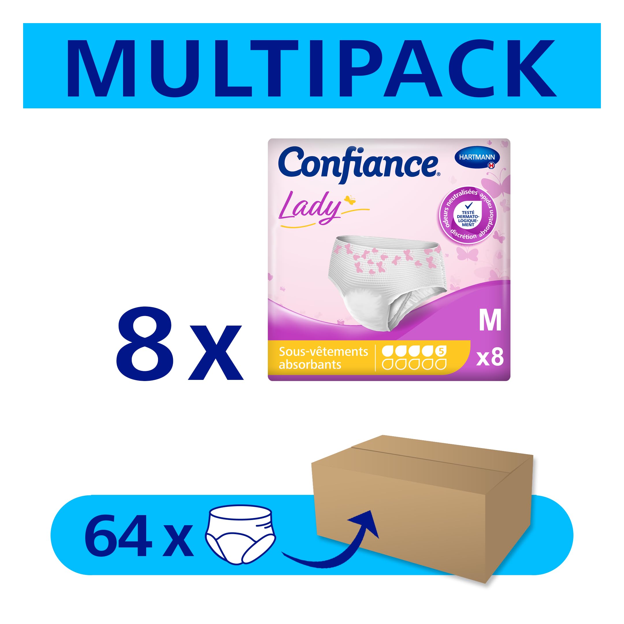 Confiance Lady - Culottes Absorbantes pour Femmes - Niveau d'Absorption = 5 gouttes (Fuites Urinaires Moyennes) - pH Neutre à la Peau - Taille M - 8x8 Unités