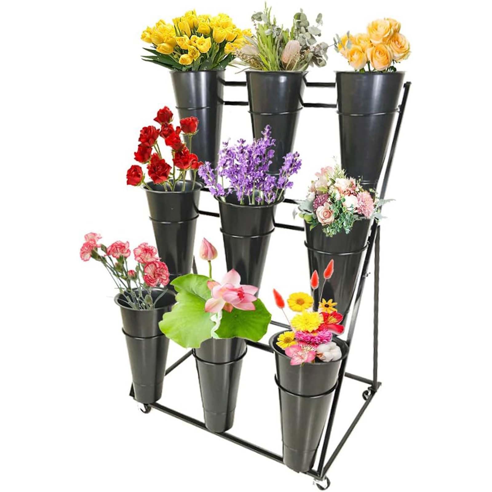 Étagère de fleuriste en fer forgé avec seaux amovibles