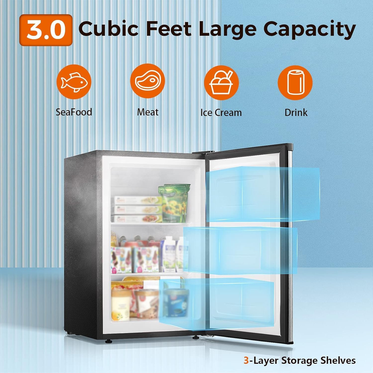 Kismile Small Freezer Upright, 3.0 Cu.ft Mini Freezer with Adjustable Thermostat, Removable Shelves, Reversible Single Door, Stand Up Freezer for Bedroom/Home/Dorms/Apartment (Stainless Steel)