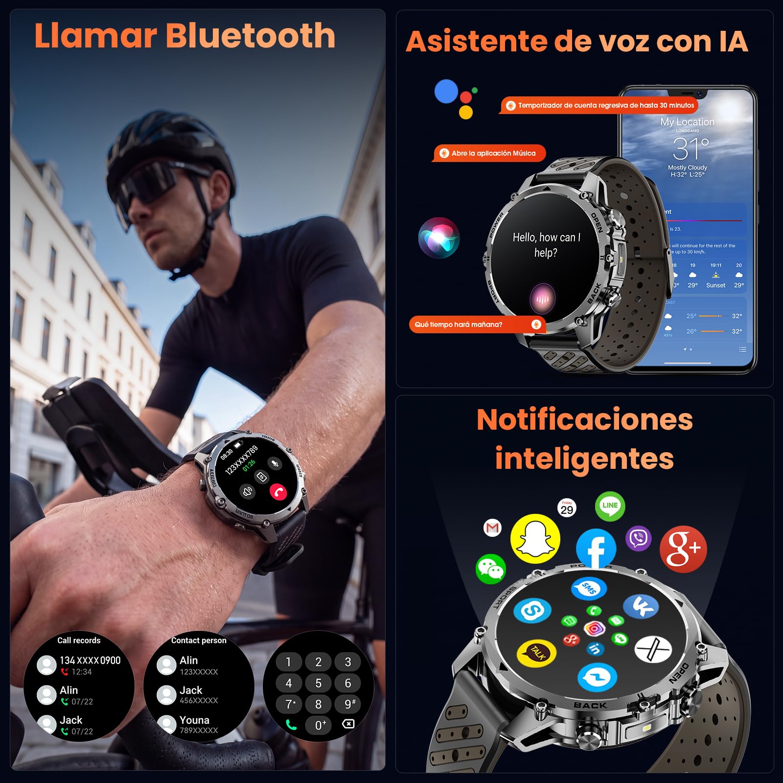 Militar Reloj Inteligente Hombre GPS, 1100 mAh, 1,7" Smartwatch, 2 Correas