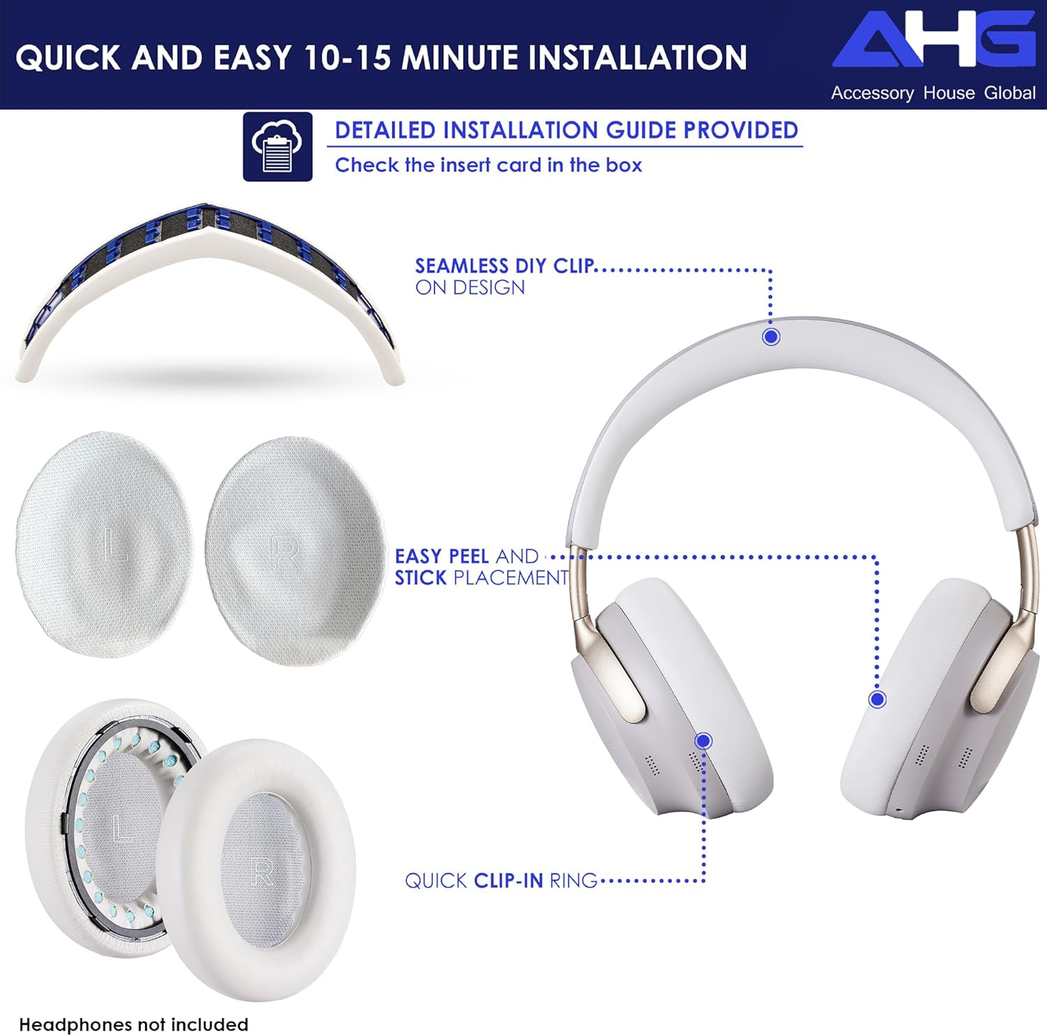 AHG Accessory House Global QC Ultra Replacement Ear pad and Headband Pad Kit Cushion Compatible with Bose QuietComfort Ultra Wireless Headphones. (AHG-QUIETCOMFORT-Ultra-Combo-White-Smoke)