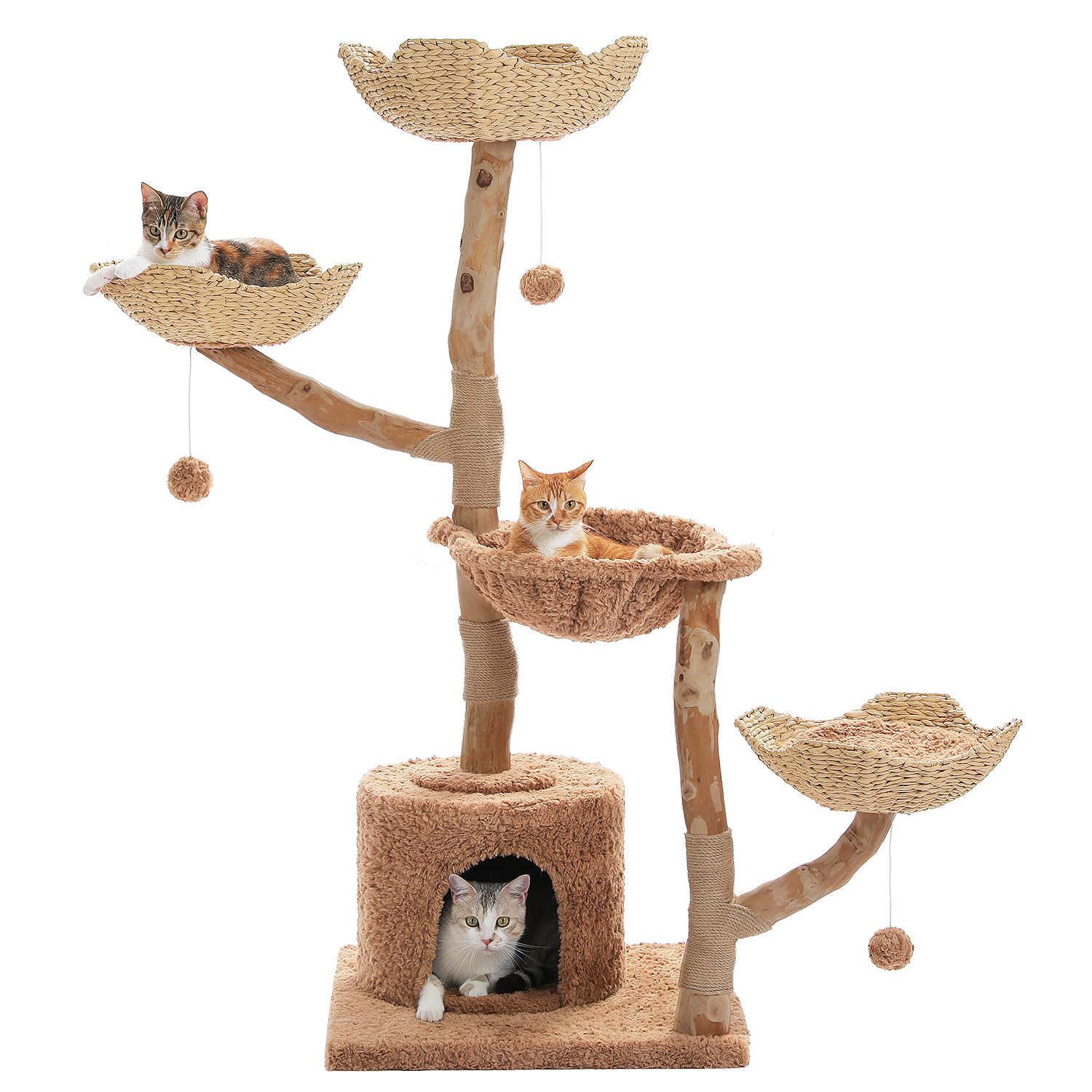 PETEPELA Kratzbaum für Wohnungskatzen, 150 cm hoher moderner Katzenbaum für große Katzen, mit 3 großen Körben, aus massivem Naturholz, Luxus-Katzenhaus mit Hängematte, modernes Möbel, Braun