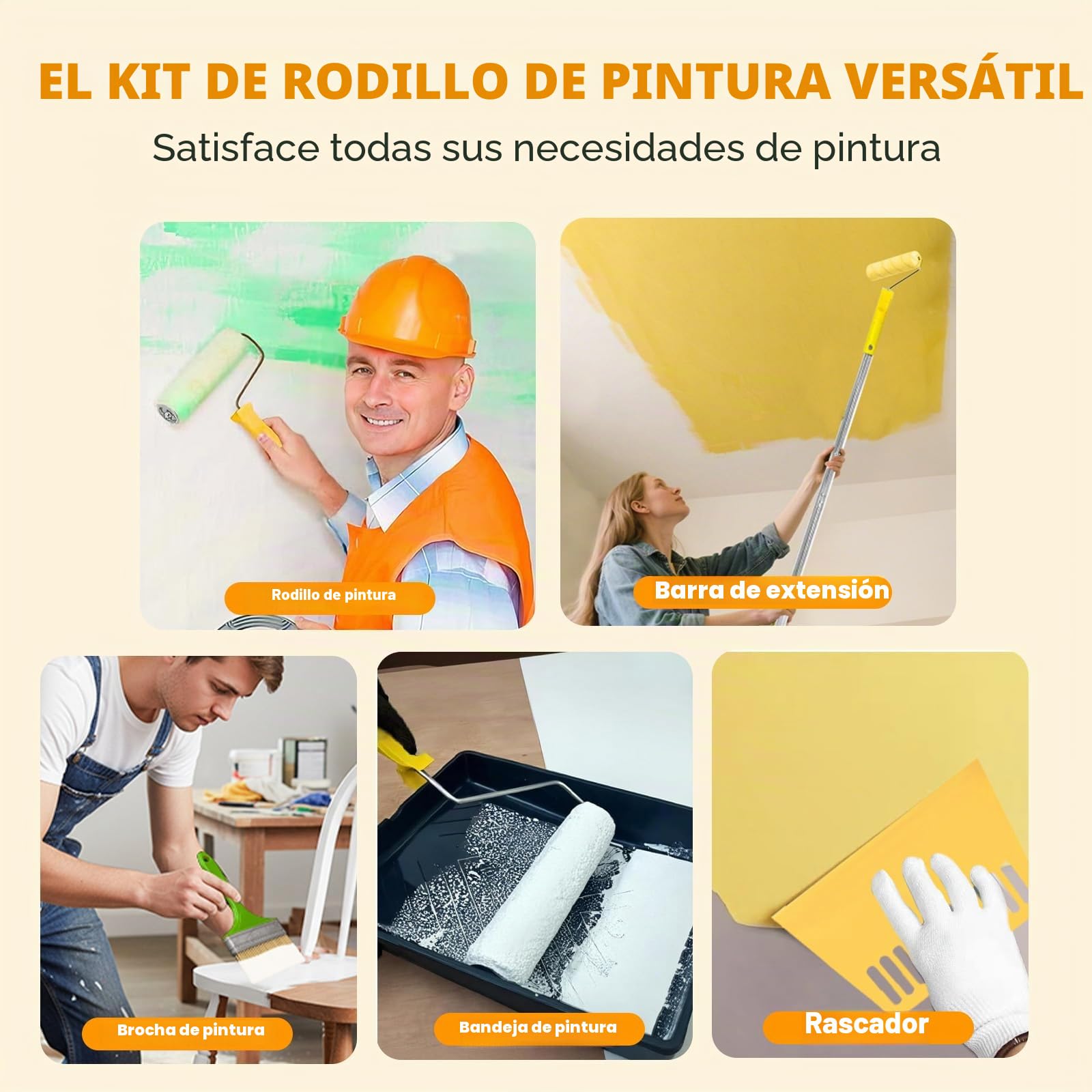 Kit Rodillo Pintura Pared, Rodillo con Accesorios, 3 Piezas Paint Roller 22 cm, Mango Alargado Reforzado 152 cm, Brocha para Paredes, Techo, Brocha Pintor, Cubeta Pintura