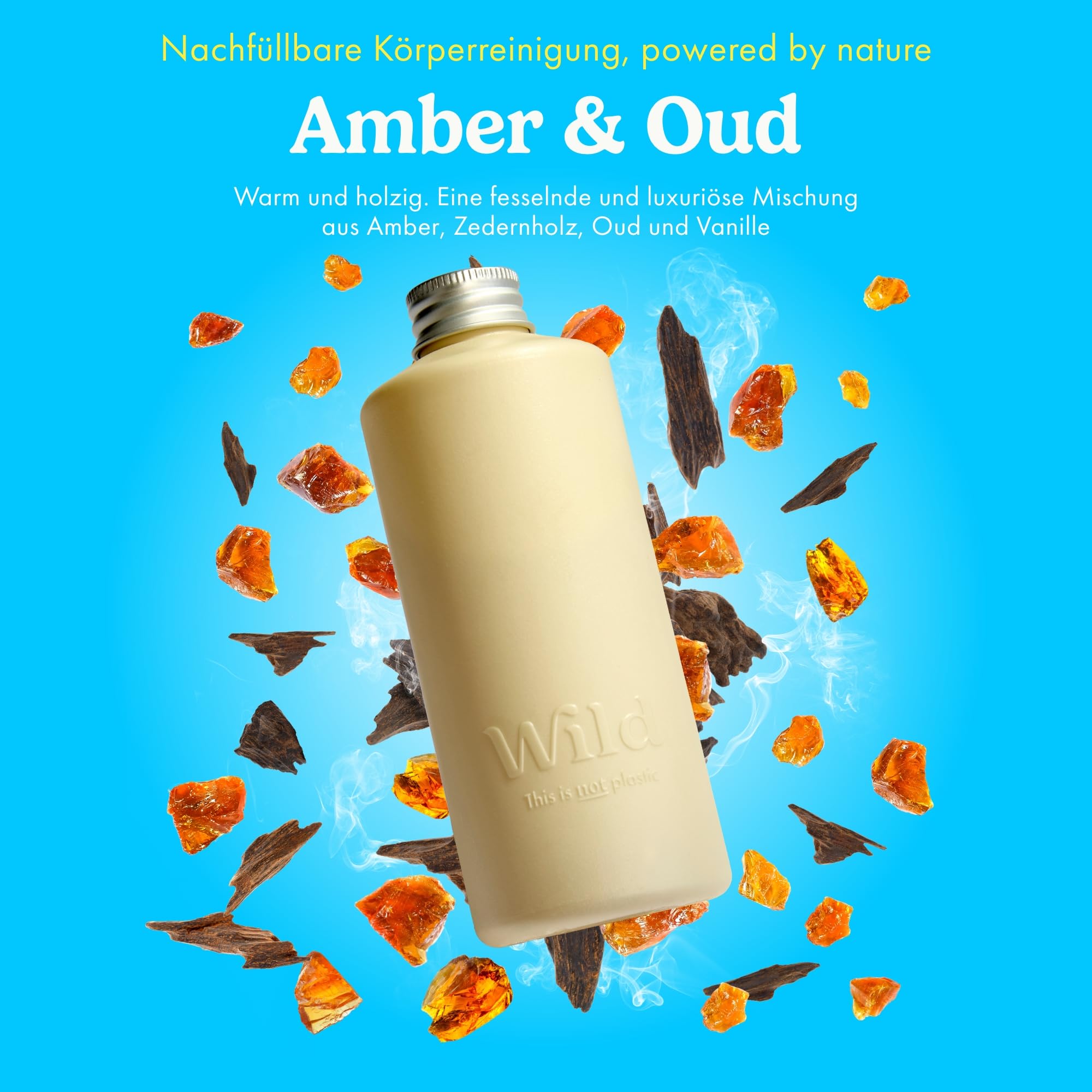Wild Nachfüllbares Body Wash Starter‑Kit – Bee Print Aluminium‑Case & 3er‑Pack Duschgel‑Nachfüller – 95 % natürliche Inhaltsstoffe – Honey & Almond, Amber & Oud, Santorini Sunset