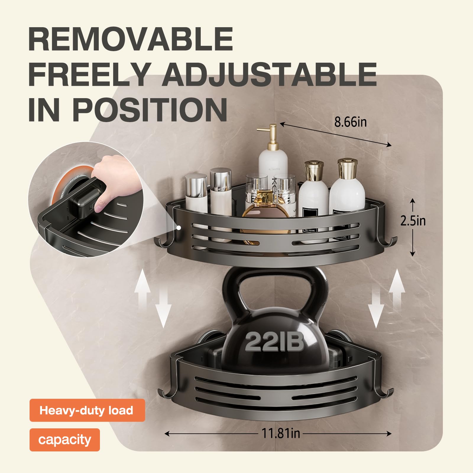 Lekesky Corner Shower Caddy Suction Cup, Corner Shower Shelf with Hooks, Bathroom Shelves No Drilling - Image 2