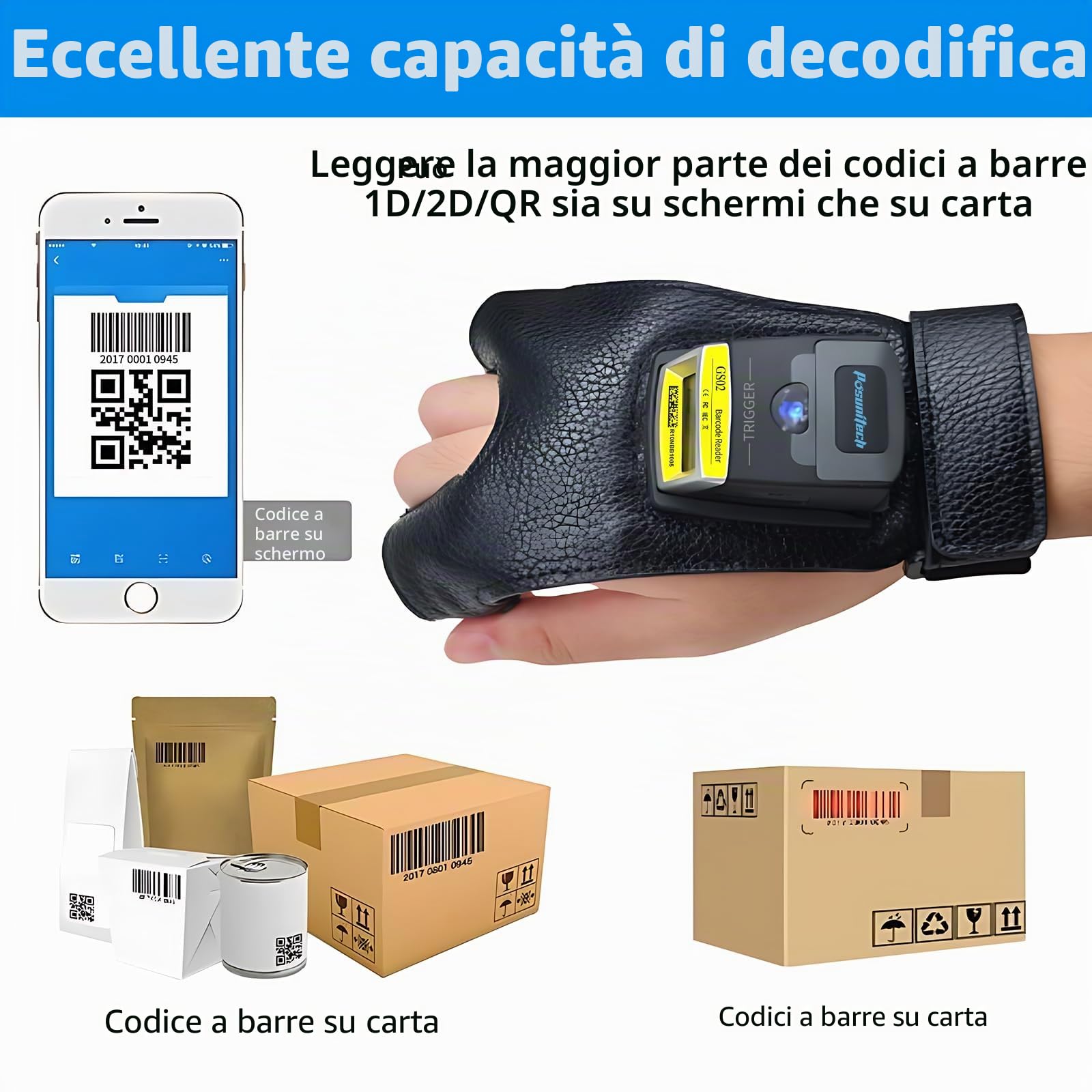 Guanto lettore di codici a barre 2D GS02 Wearable Scanner lettore IP65 Touch Scanning NFC Supporto multilingue per magazzino, sistema di gestione, produzione, spedizione, picking