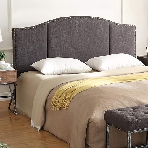 24KF Middle Century - Cabecera plegable tapizada en gris oscuro con cabezales de clavos de latón antiguo, cabecera KingCalifornia King, 60232 - Gris