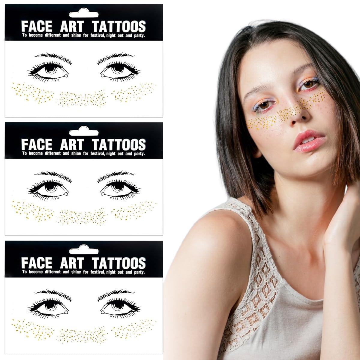 MAYCREATE® 3 Sheets Temporary Tattoo for Women Men Golden Glitter Freckles Face Tattoo Sticker Mehendi Waterproof Fake Eye Temporary Tattoo for Make Up Dancer Party Costume