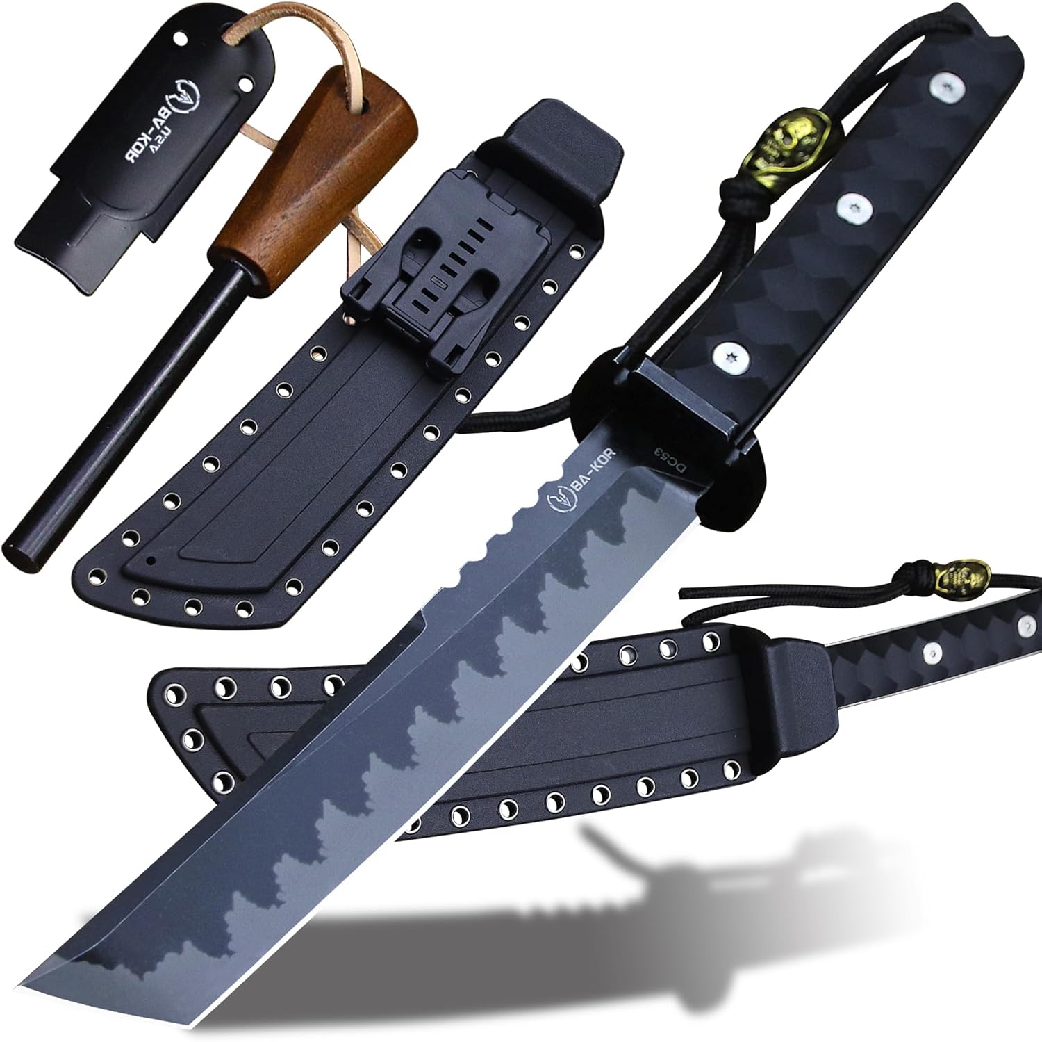 BA-KOR 15.8in Full Tang Japanese Style Outdoor Knife –8mm DC53 Steel, Nylon Fiber Handle &Sheath, Hunting Survival Knife+(5.9in) cerium igniter (Black handle and black blade (8mm))