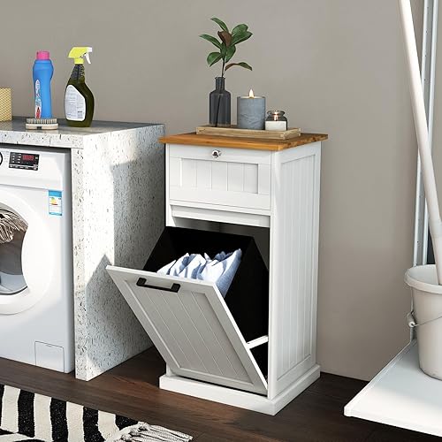 Miniatura 2 de Giantex Gabinete de cesta de lavandería inclinable, gabinete de almacenamiento de baño con cajón, cesta de lavandería extraíble, encimera de bambú,