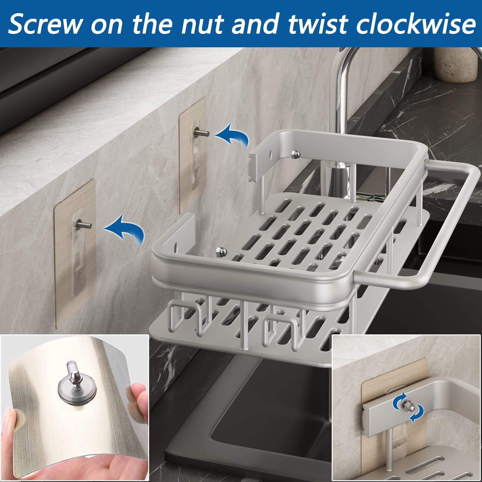Spülbecken Organizer,Haken Waschbecken Organizer Wand Hängend Ohne Bohren Selbstklebend Badezimmer Spüle Organizer für Küchenzubehör Schwamm/Bürste/Spülseife (Silber(kein Tablett))