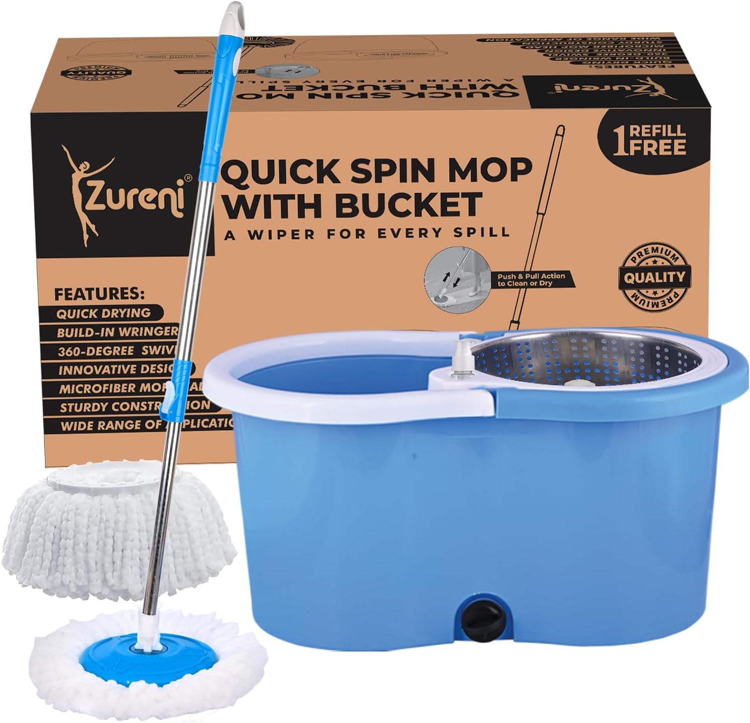 Zureni Bucket Quick Spin Mop with 2 Microfiber Wet Dry Mophead Floor Cleaning Pocha Extendable Handle Removable Steel Wringer 360° Floor Cleaner Mopping Set (Random Colour)