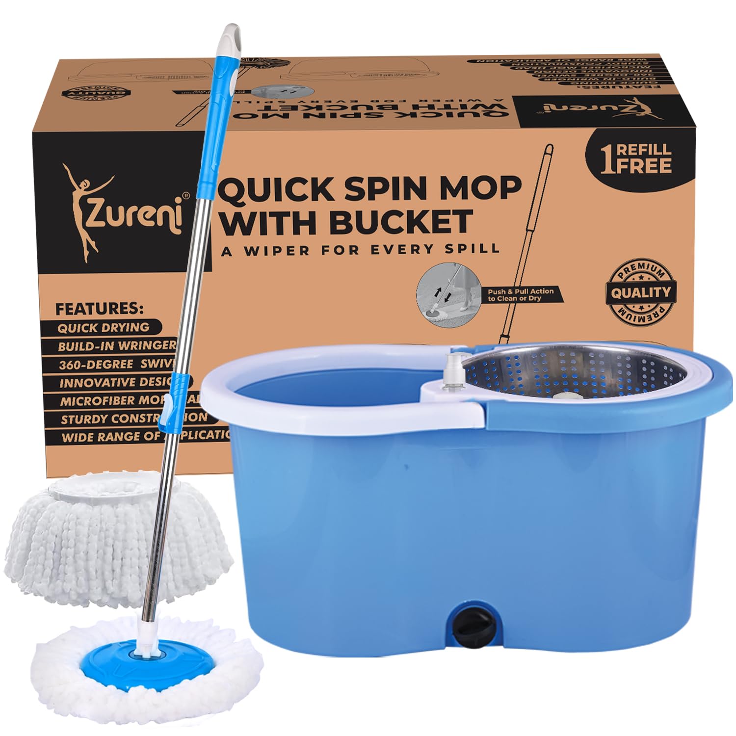 Zureni Bucket Quick Spin Mop with 2 Microfiber Wet Dry Mophead Floor Cleaning Pocha Extendable Handle Removable Steel Wringer 360° Floor Cleaner Mopping Set (Random Colour) (B0C9J5PKNB) Amazon Price History, Amazon Price Tracker