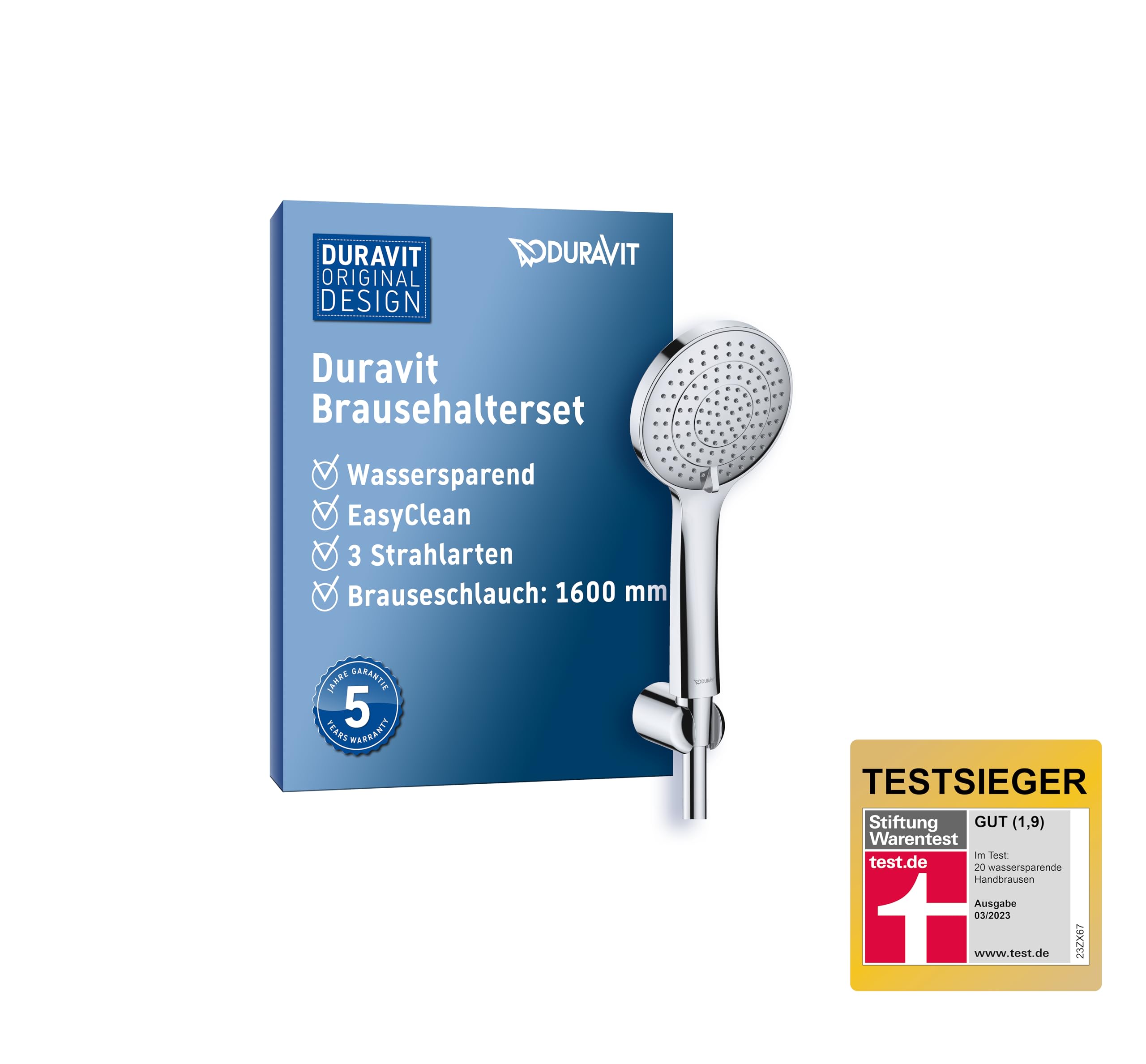 Duravit Uniwersalny zestaw prysznicowy, energooszczędna słuchawka prysznicowa okrągła (Ø 110 mm), łuk przyłączeniowy do ściany, elastyczny wąż prysznicowy, chrom