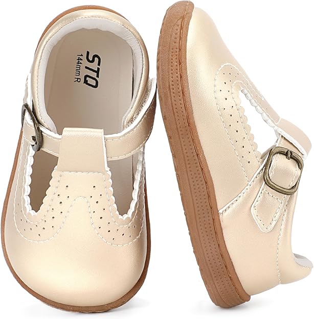 STQ Wide Toe Box Toddler Mary Jane Dress Shoes Zero Drop Girls Ballet Flats for Party School Uniform with Hook and Loops