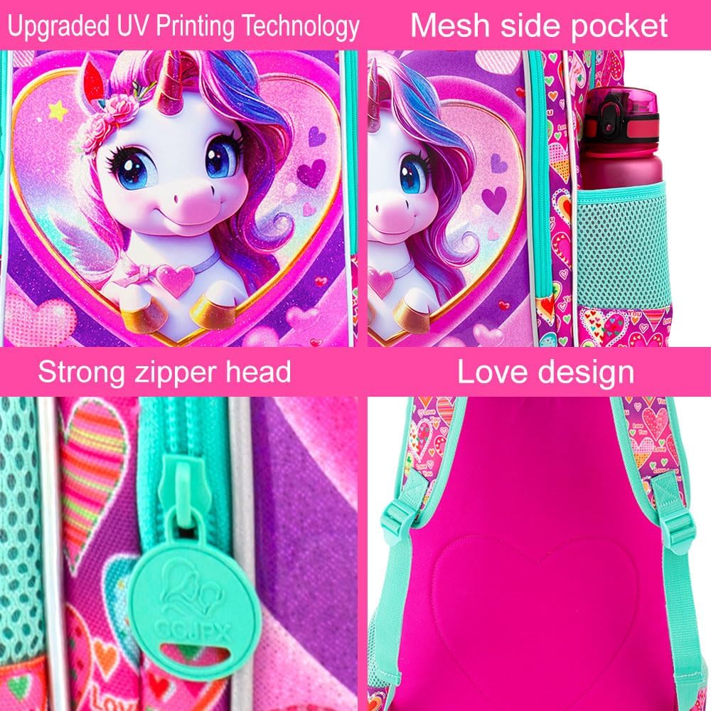 3PCS Girls Backpack, Kids Water Resistant Heart Bookbag Set with Lunch Box, Cute Kids School Bag for Preschool Toddler