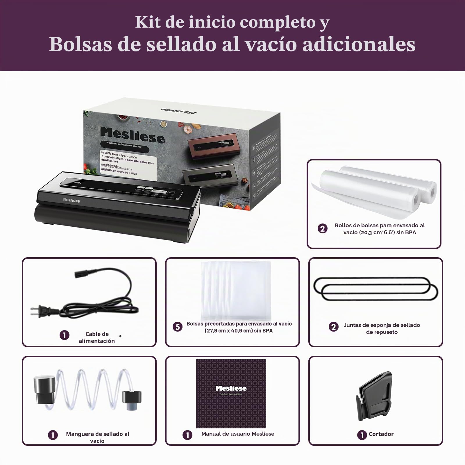 Mesliese - Máquina de envasado al vacío para alimentos, 90 kpa, potente máquina de envasado al vacío, 6 en 1 compacta de alimentos, 2 rollos de bolsa y 5 bolsas precortadas (gris)
