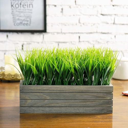Miniatura 10 de MyGift Planta de césped verde artificial de 14 pulgadas en maceta de madera de acacia maciza, vegetación sintética en contenedor de madera