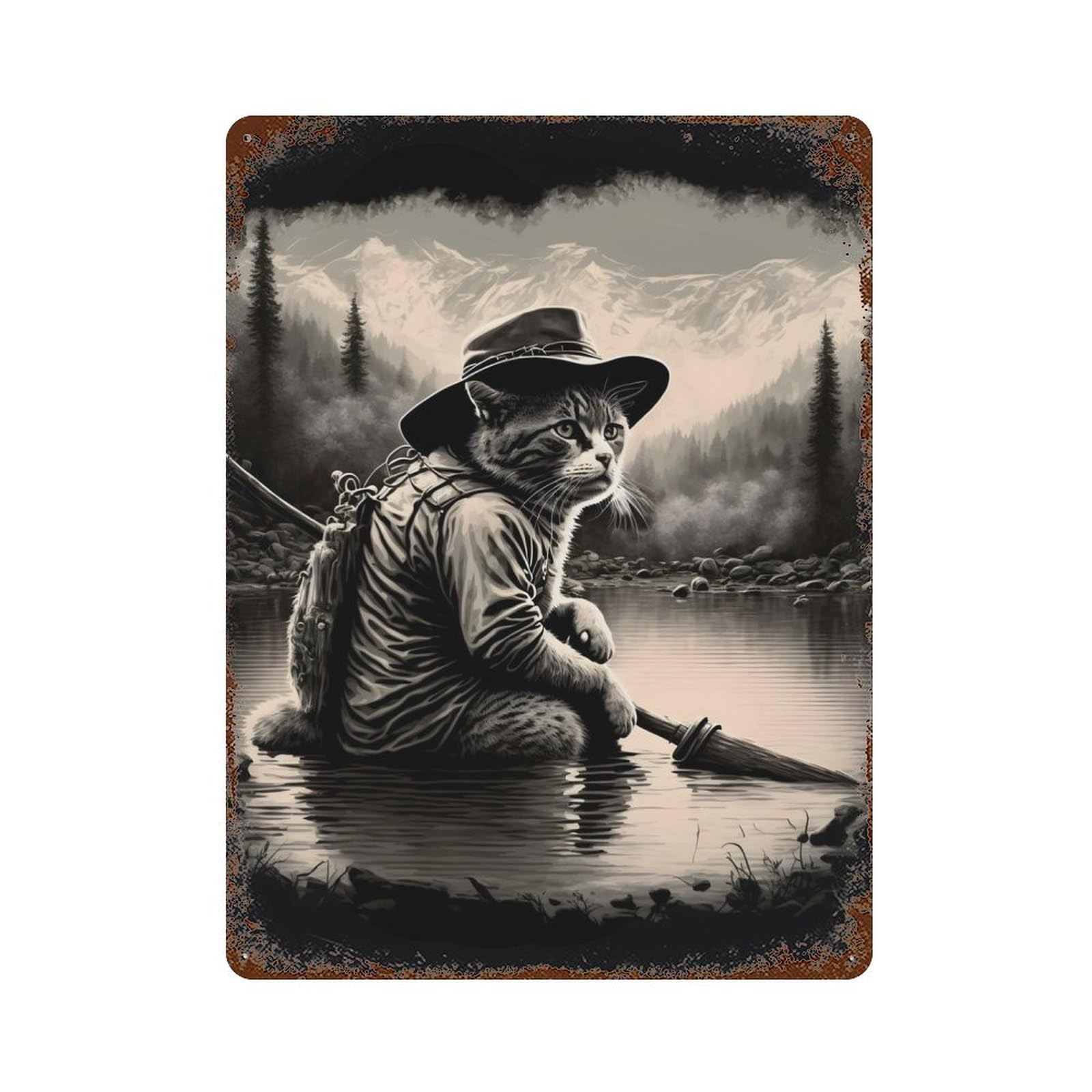 Garage Style Cat in A Lake Fishing Rust Effect Tin Sign 15.7"x11.8", Industrial Home Decor for Bar And Workshop