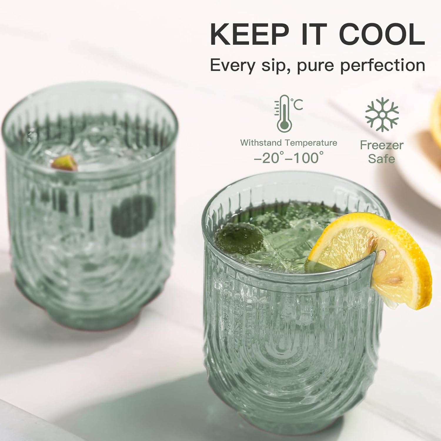 Green Vintage Glassware Set of 6-14Oz Green Water Drinking Glass, Art Deco Ripple Highball Glass, Whiskey Cocktail Glasses, for Bar Ice Coffee Juice, Valentine's Day and New Year Gifts - Image 7