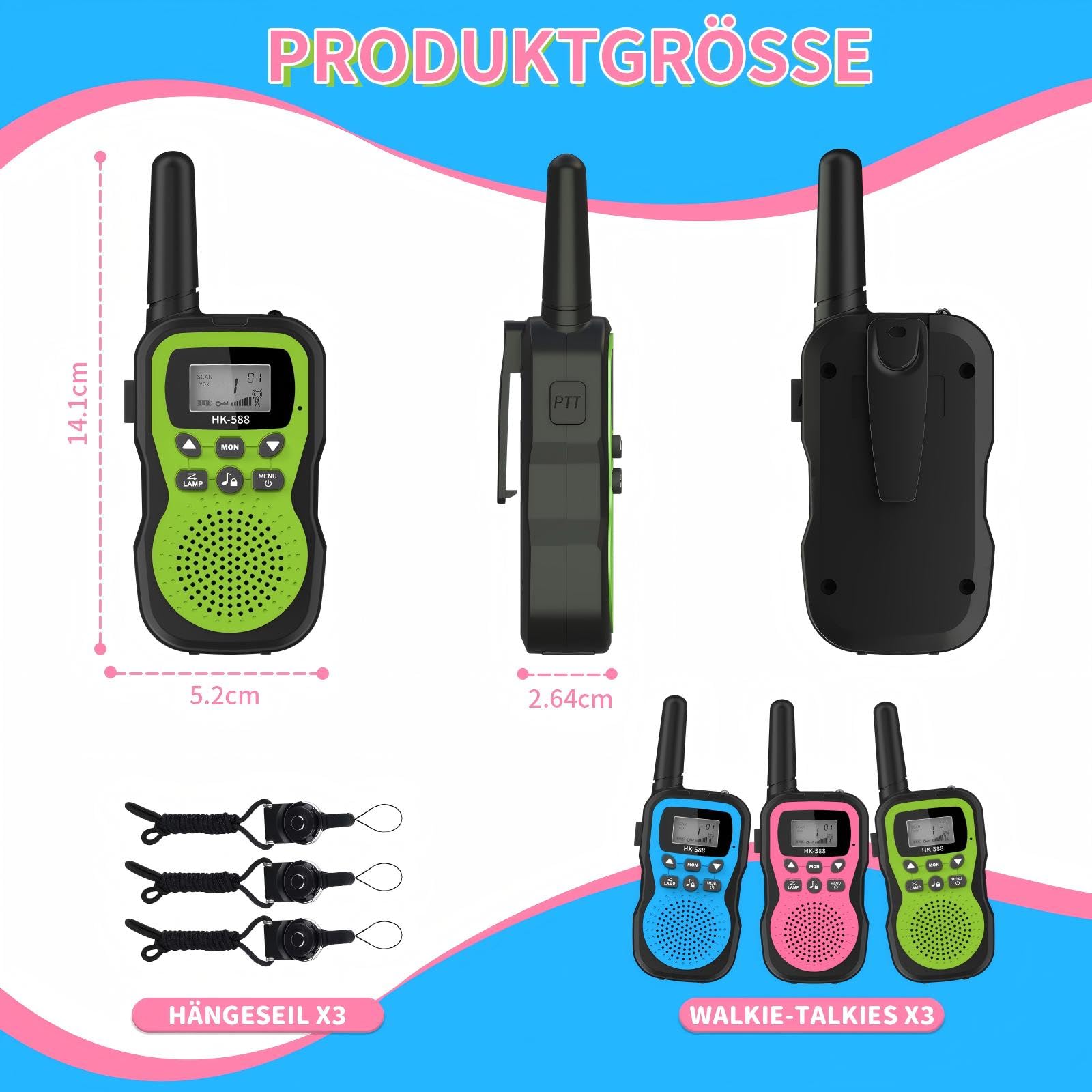 3er Set Walkie Talkie Kinder Aufladbar, 8 Kanäle, 48h Betrieb, Taschenlampe, 3 Kilometer Walkie Talkie Set，Geschenk für Jungen & Mädchen ab 3 Jahren – ideal für Camping, Spielplatz & Spielen