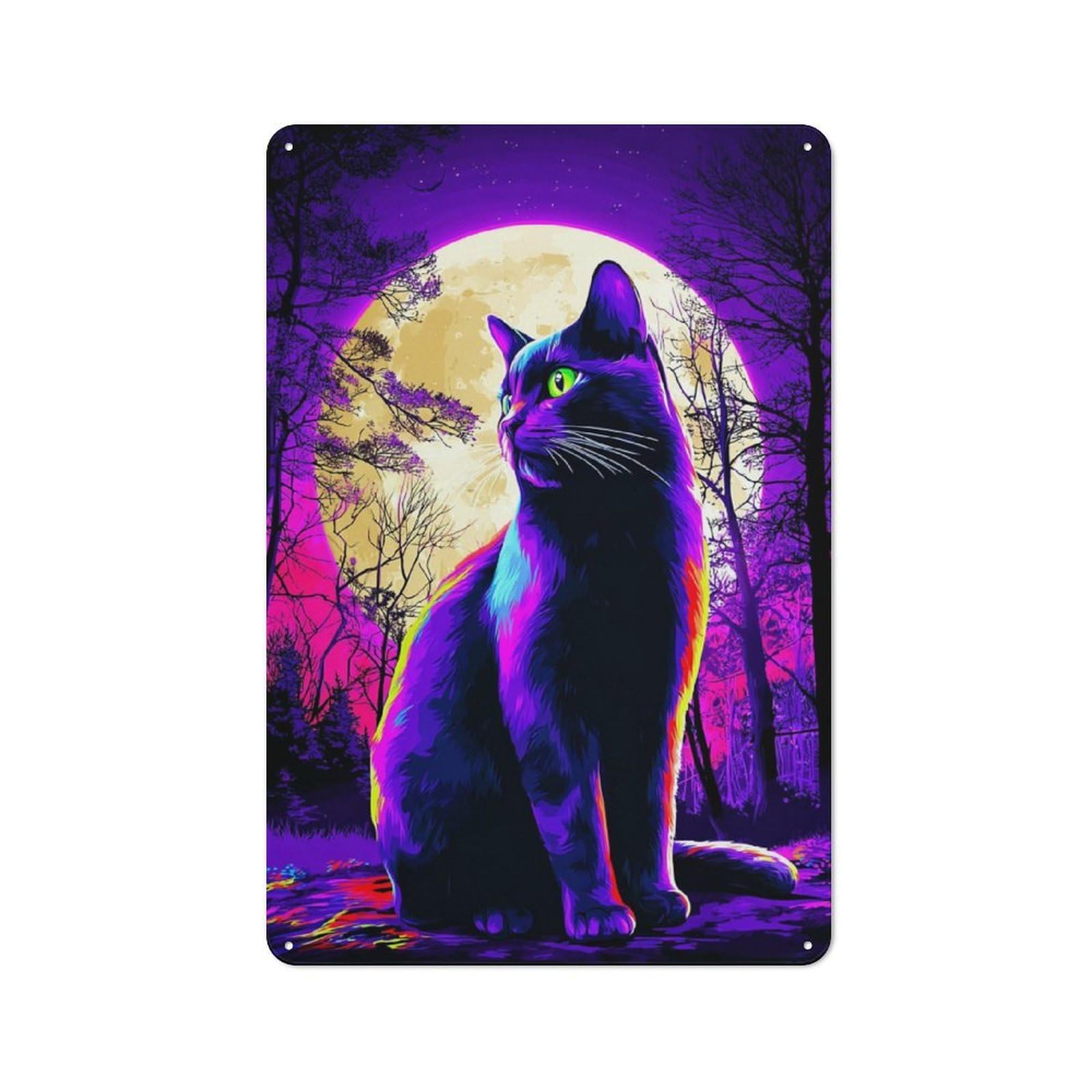 Junmoney Neon Moonlit Cat -3 Rustic Metal Wall Decor 30X20cm, Decorative Tin Sign For Farmhouse Kitchen, Pantry Or Dining Area