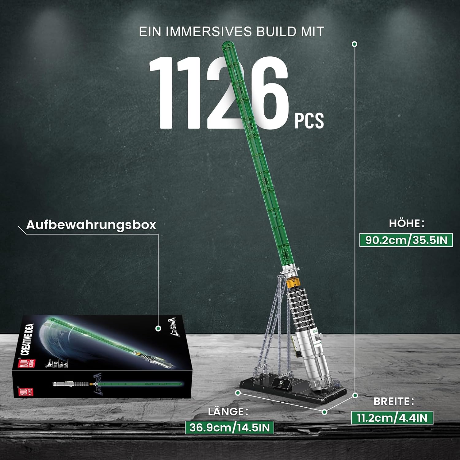 Mould King 10140 MOC Lightsaber Building Block Set Classic Green Blade with Light Effect Noble Stand Stand Creative Cosplay Anime Technology Clamp Blocks Kit(1126+ Parts)