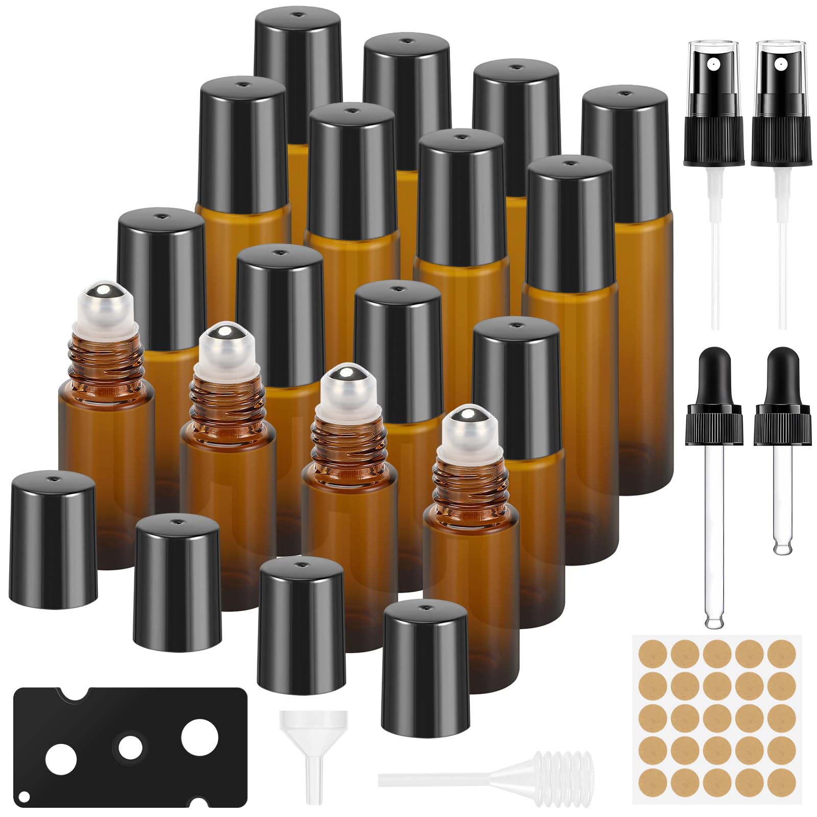 Roll on para Aceites Esenciales, 16 Pcs Botellas de Cristal Rellenable para Perfume 5ml/10ml con Bolas de Acero Inoxidable, Botella de Spray para Mezclas de Aromaterapia Masajes Viajar
