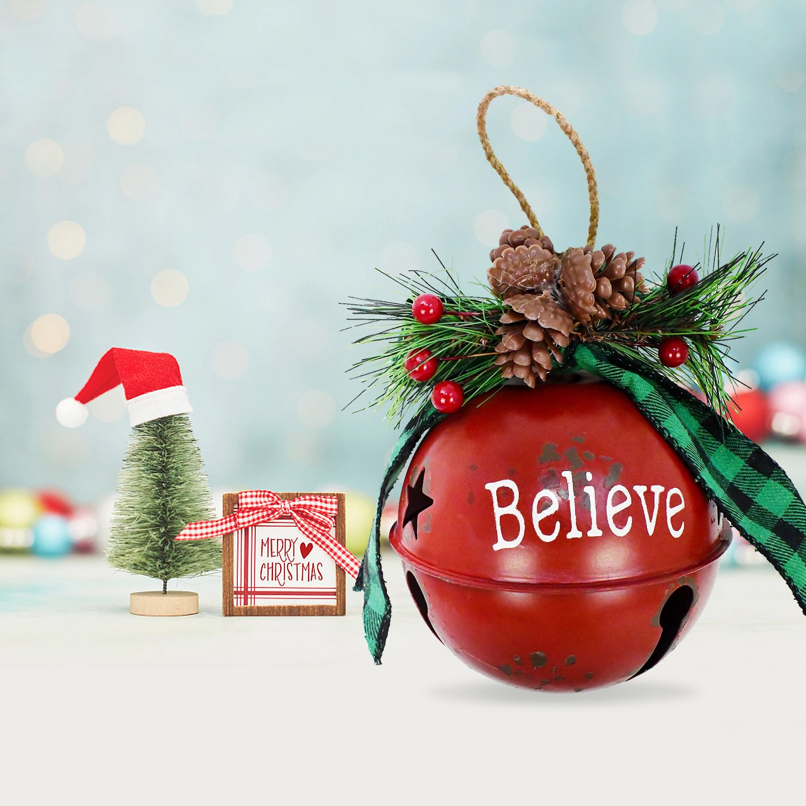 Christmas Jingle Bell Ornament, 4.5x4.5 Rustic Metal Jingle Bell Hanging Ornaments Christmas Tree Decoration Believe Bell Decor Door Hanger Xmas Holiday Party Decor