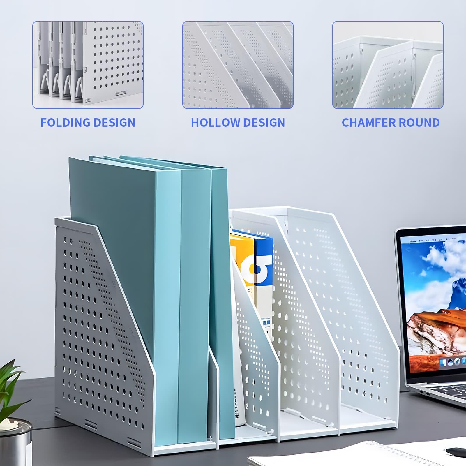 DYUEE A4 File Holder Folding Bookshelf, 4 Compartment Collapsible Magazine Holder, Vertical Compartments Magazine File Holder - Image 3