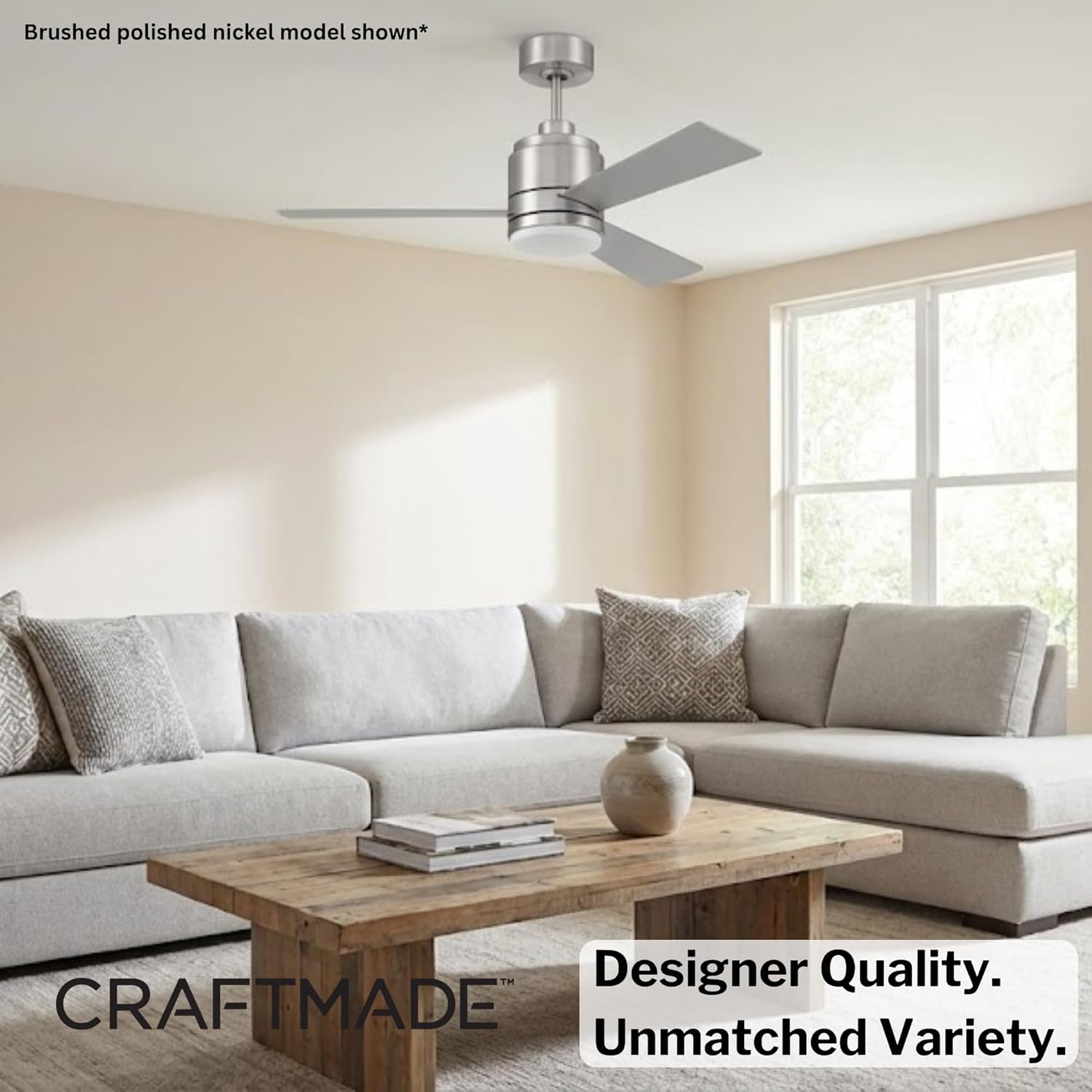 Craftmade MCY42BNK3 McCoy 42 Inch Ceiling Fan | 3 Blades | Brushed Polished Nickel Finish | 18W LED 1013 Lumens 3000K | AC Motor | 4-Speed Reversible (White, 42 Inch - 3 Blade)