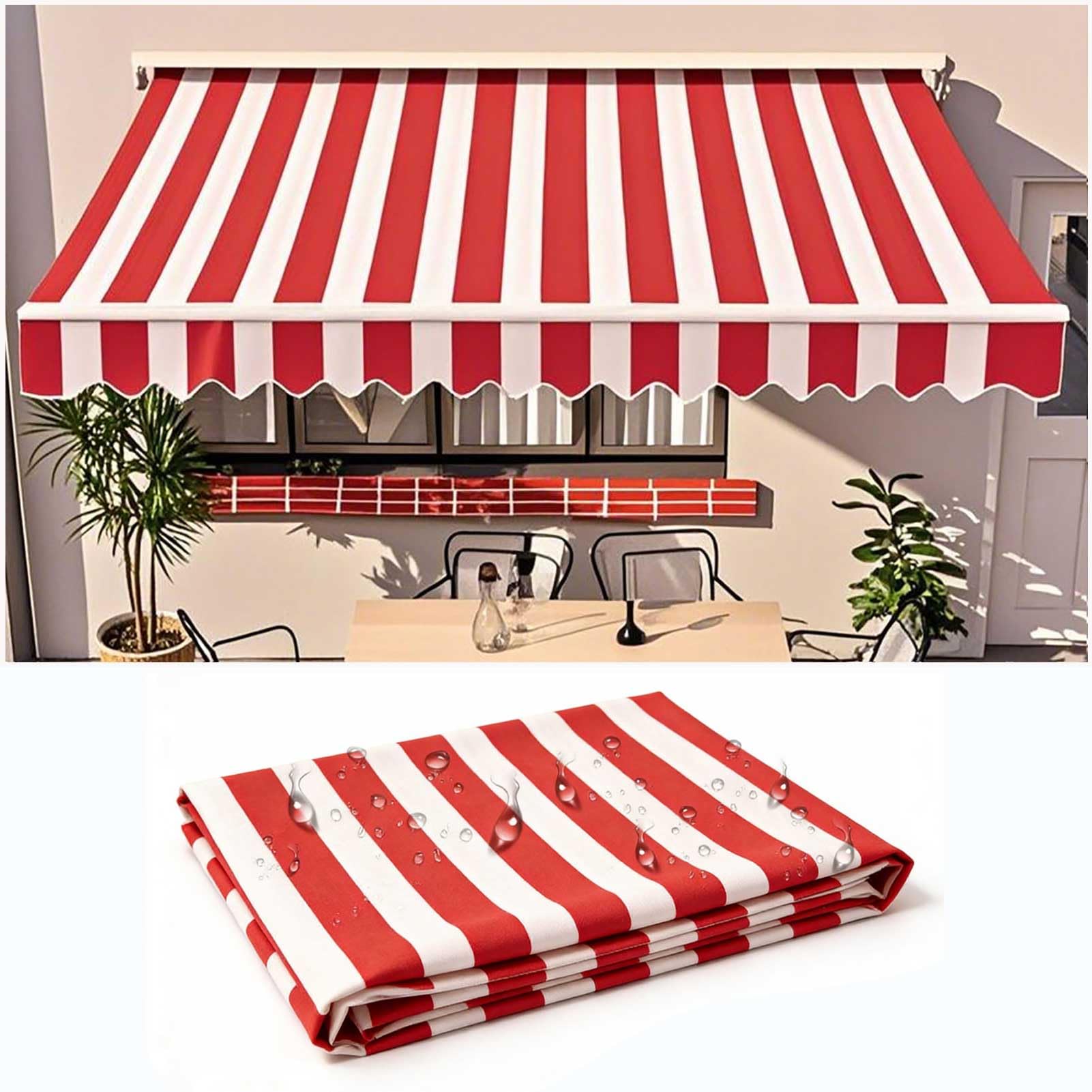 5x3m Retractable Patio Awning Replacement Many Sizes Fabric Sun Shade Awning Cover Waterproof Outdoor Patio Canopy Deck Awnings Polyester, Frameless, Red White Stripes