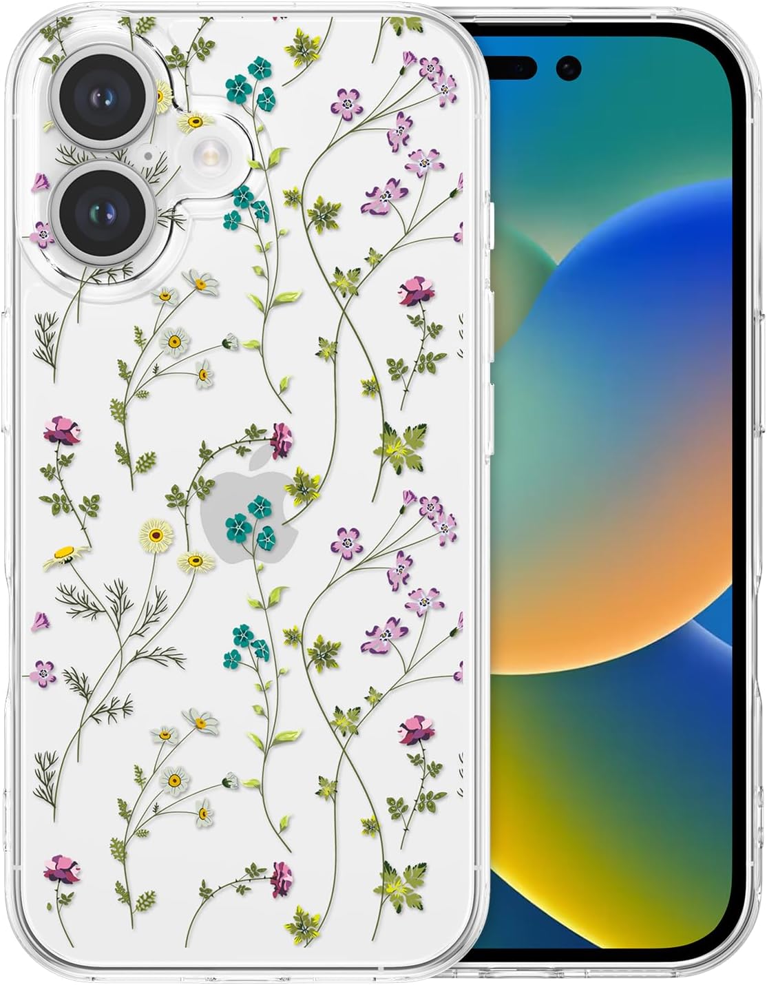 RALEAVO Clear Floral Case Compatible with iPhone 16 (6.1″), Shockproof Silicone Transparent Case Cover with Cute Flower Protective Bumper Case for iPhone 16-Clear