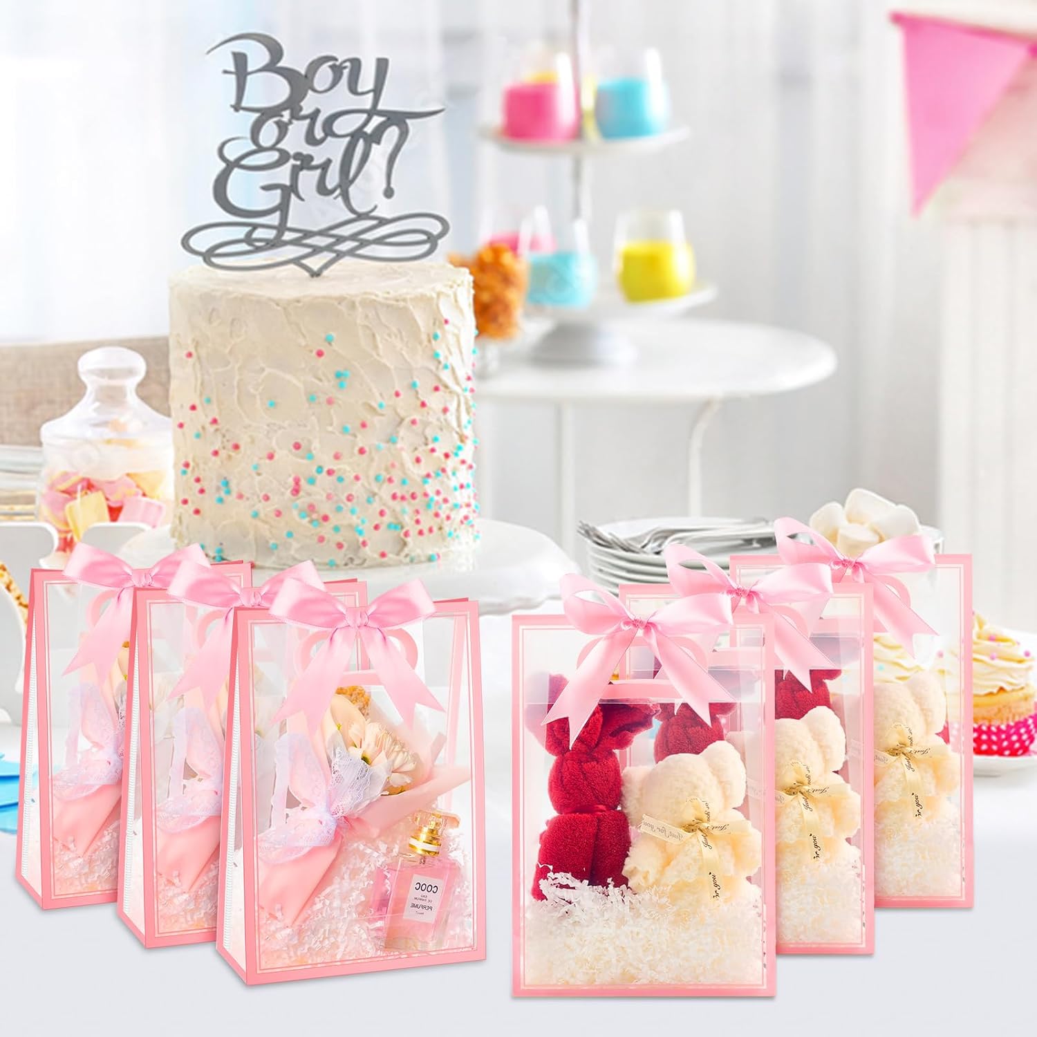 Ohuimrt 12 Pack Clear Plastic Gift Bags with Handles, Reusable Party Favor Bags with Ribbon for Birthday, Wedding, Bachelorette Party, 10.2 x 7.1 x 3.1 Inch (Pink) - Image 7
