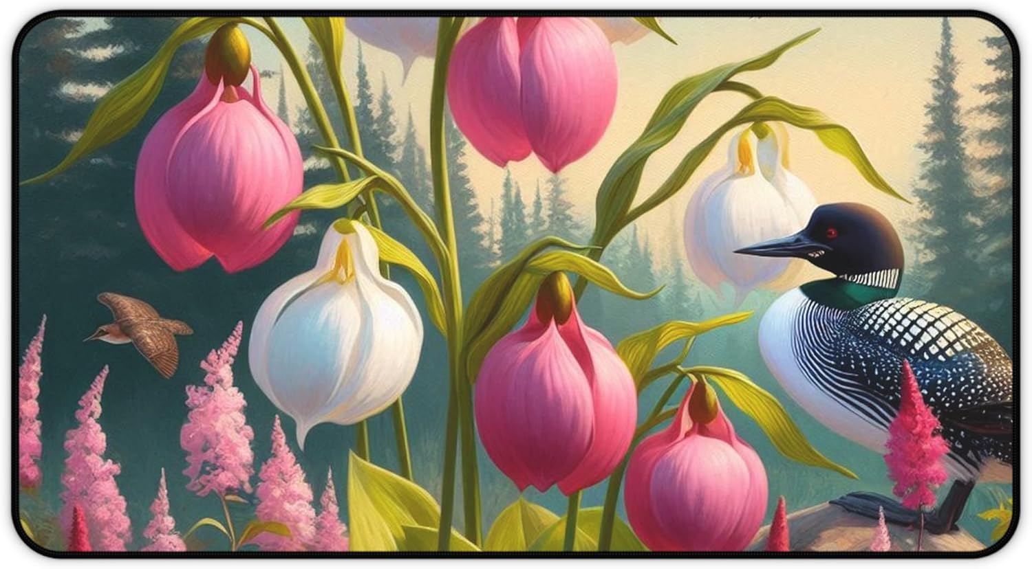 Minnesota Pink and White Lady Slipper Loon Red Pine Vibrant Desk Mat