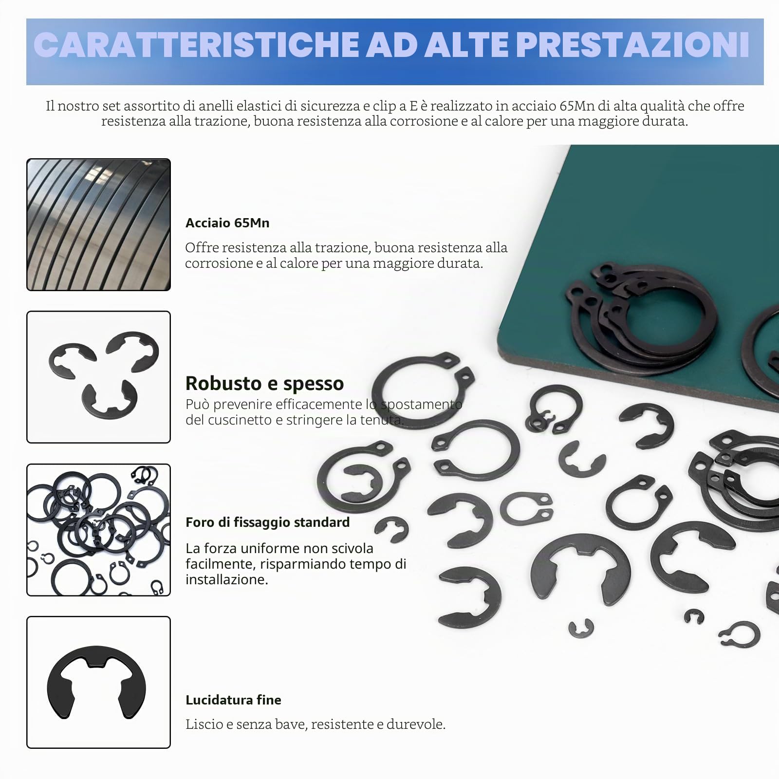 Glarks Assortimento di 312 clip di fissaggio a scatto in acciaio da 65mm, set di pinze per anello a scatto, anelli di fissaggio esterni