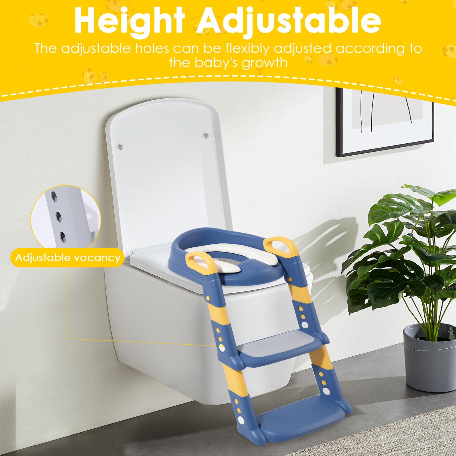 Asiento de inodoro para niños con escalera, 2 en 1 asiento de inodoro para niños con acolchado de PVC suave, altura ajustable, entrenador de inodoro desmontable, resistente a salpicaduras y