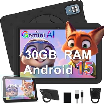 DMOAO Children's Tablet 10 Inch Android 15 with 30 GB RAM + 64 GB ROM 2TB 5G WLAN 6 Widevine L1 Parental Control 8-Core 6000 mAh Kids Tablet with Children's Case EVA + 360  Rotating Stand Black