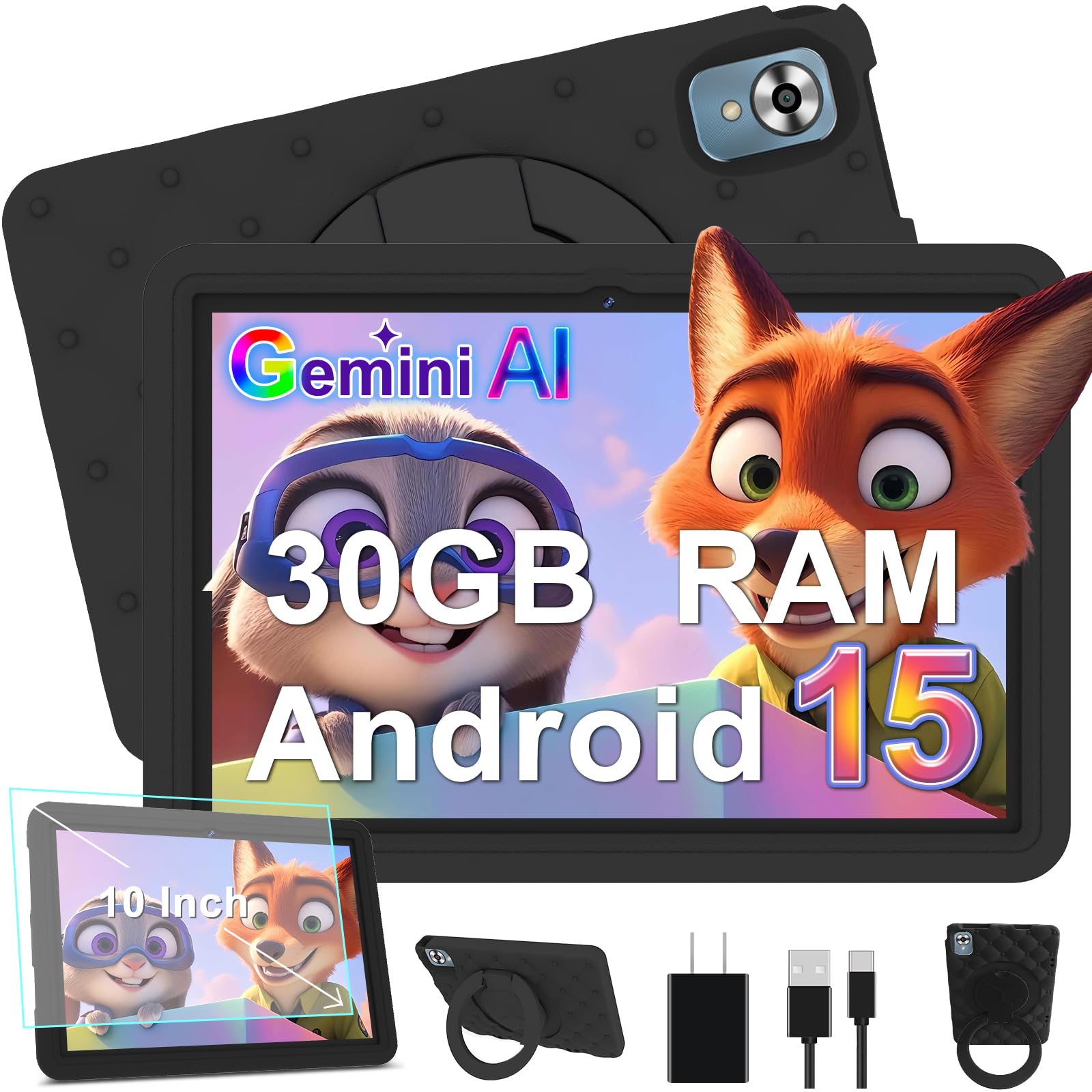 DMOAO Tablette Enfants 10 Pouces Android 15 avec 30Go RAM (TF 2To), 5G WI-FI 6, Widevine L1, Contrôle Parental, 8-Core, Tablette Tactile avec Coque Antichoc EVA + Support Rotatif à 360°,Noir