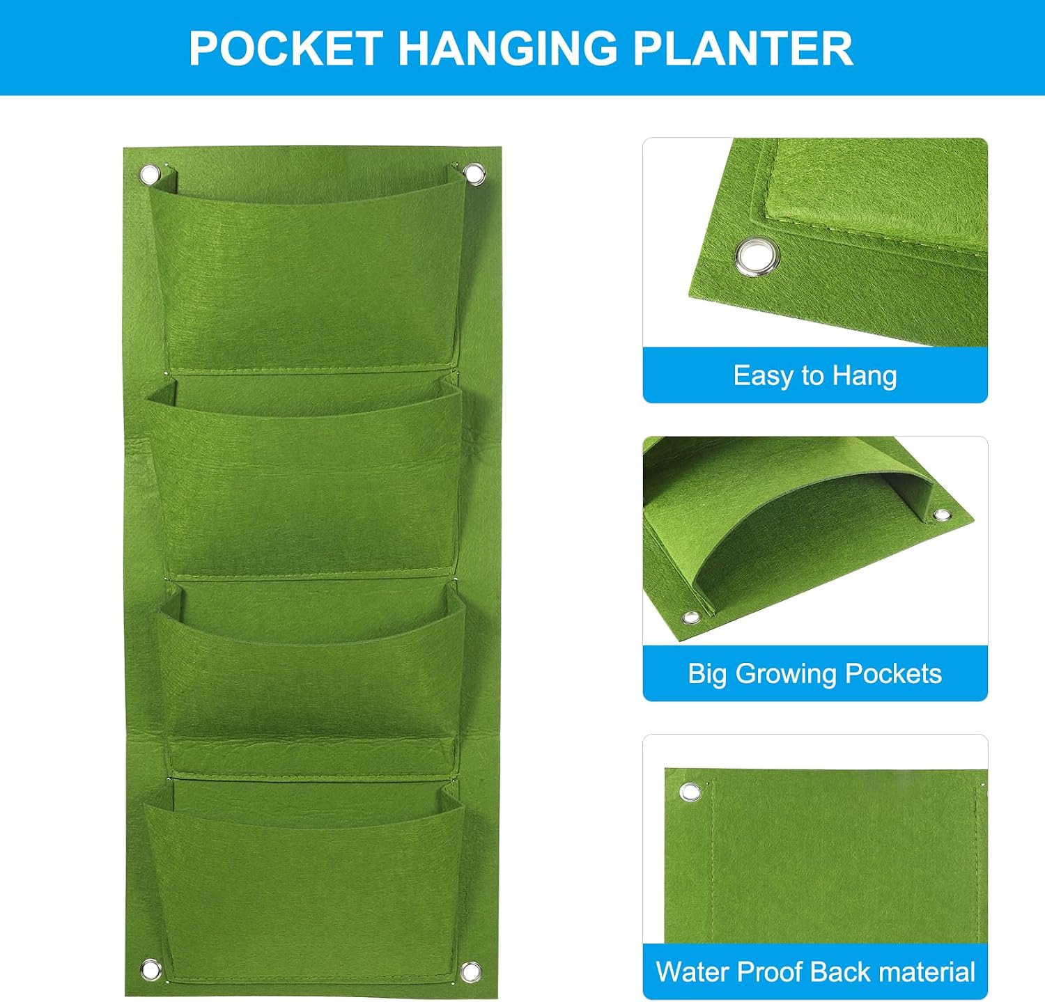 PATIKIL 4 Pockets Vertical Hanging Grow Bags, 2 Pcs Wall Hanging Planter Bags Wall-Mounted Felt Fabric Planting Grow Bags for Garden Home Decoration, Green