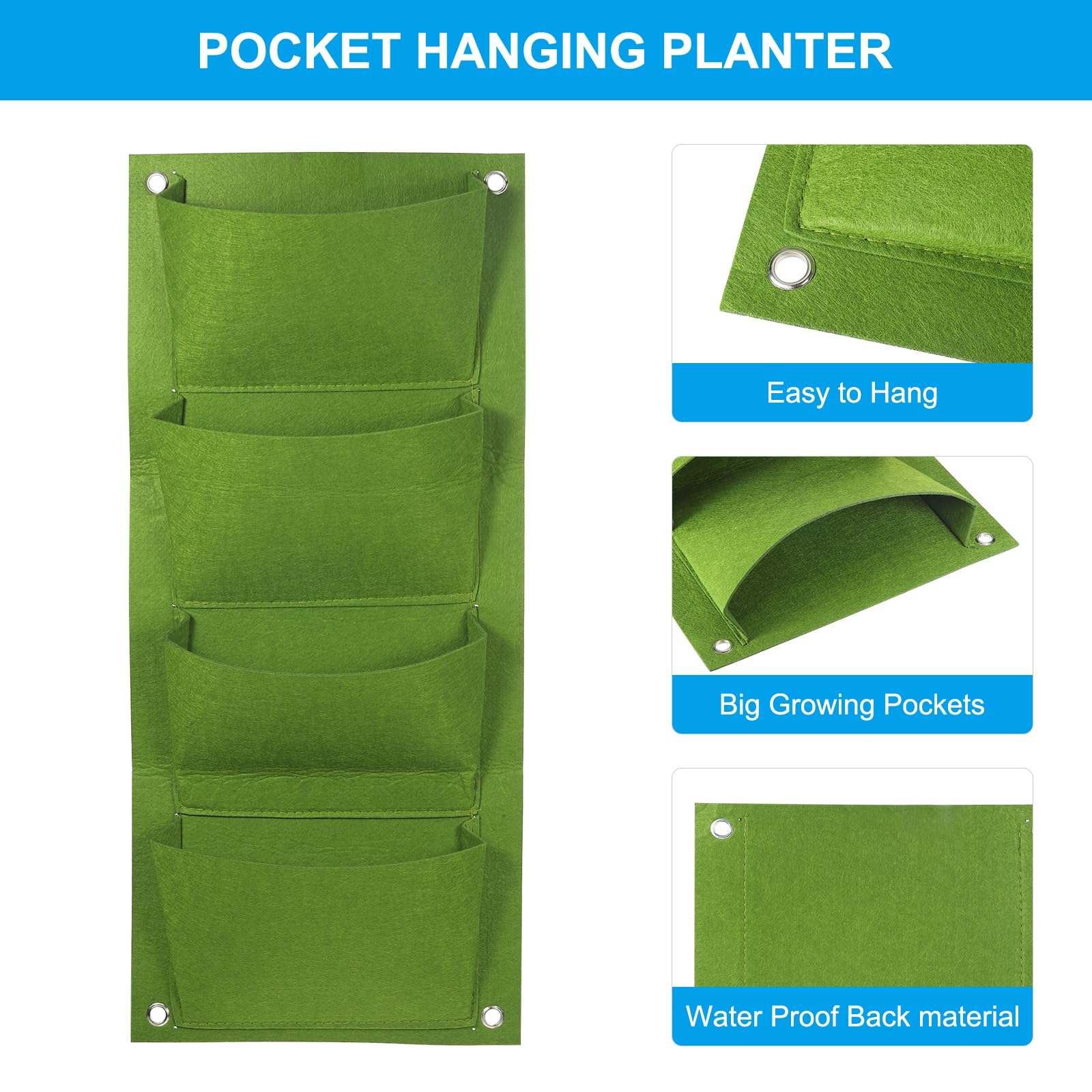 PATIKIL 4 Pocket Vertical Hanging Grow Bags, 2 Pack Wall Mounted Felt Fabric Planters, Green, 63.5 x 25.4 x 20 cm, Indoor/Outdoor - Image 4