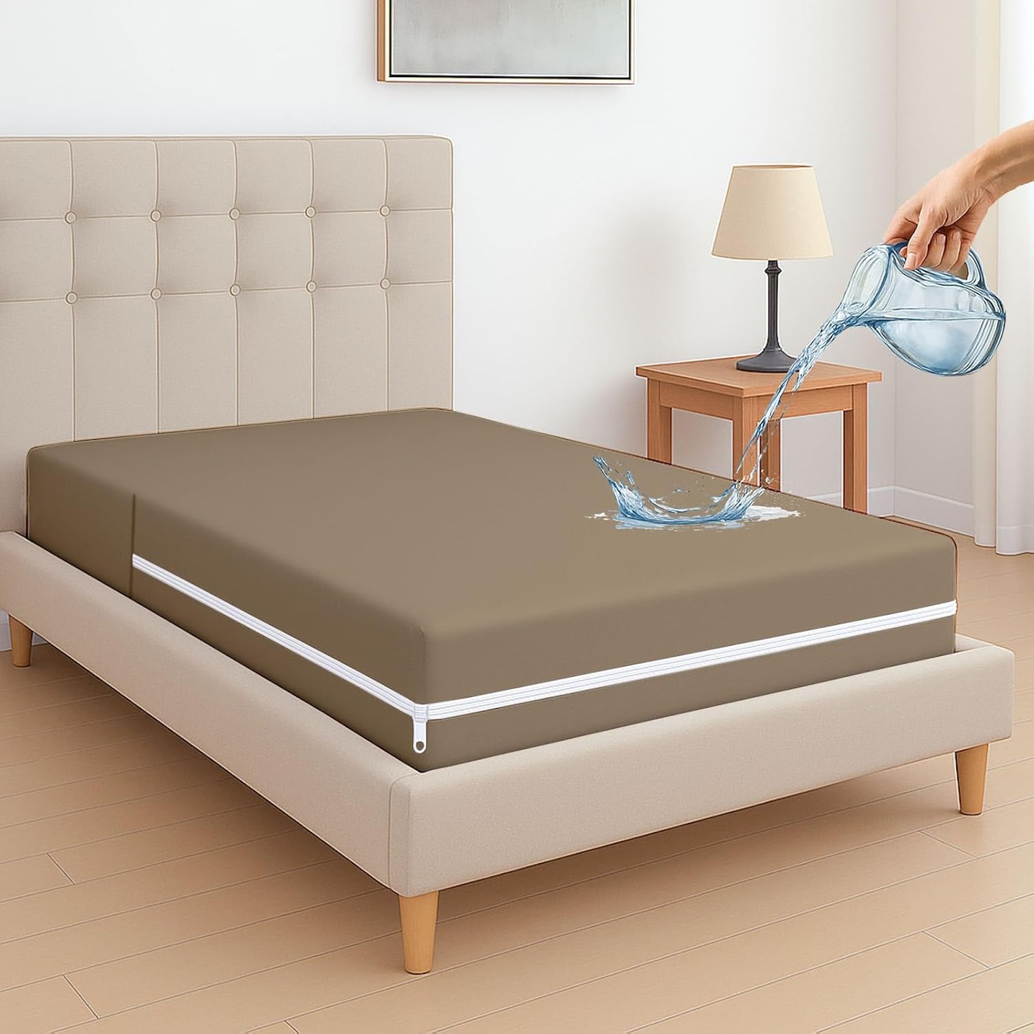 Rajlinen Premium Zippered Mattress Protector, 100% Microfiber, 6-Side Deep Pocket Coverage, Fits Up to 15 Inch Deep, Waterproof, Soft, Noiseless, Breathable Cover, Queen (60x80), Taupe