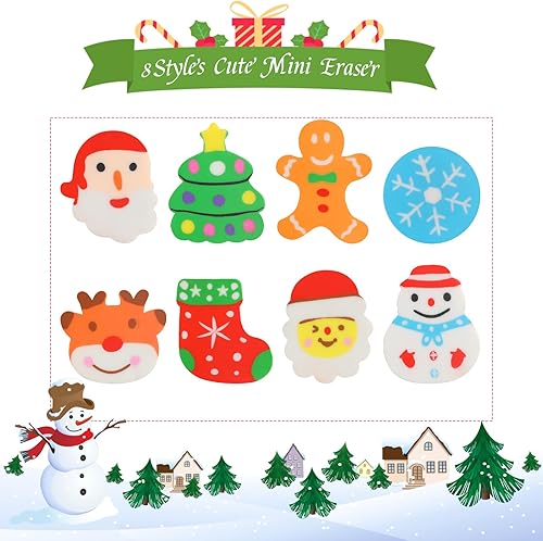Miniatura 2 de CCINEE 120 piezas de borradores de Navidad para niños, mascotas de escritorio, borradores de lápiz de Navidad, alce, muñeco de nieve, Papá Noel,