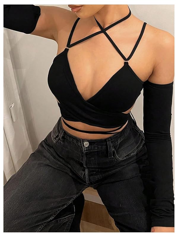 SHENHE Women's Criss Cross Strappy Wrap Crop Top Long Sleeve Halter Sexy Going Out Tshirt Black Medium by SHENHE - Used condition - Image 6