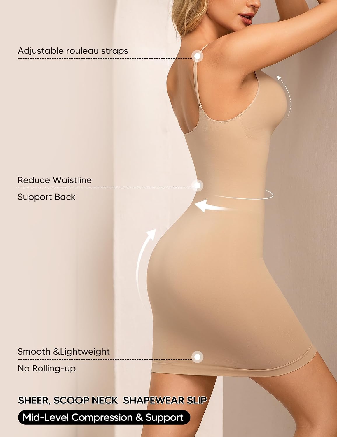 Shapewear Slip Under Dresses for Women Mid-Level Compression Seamless Tummy Control Slip Midi Body Shaper Under Dress