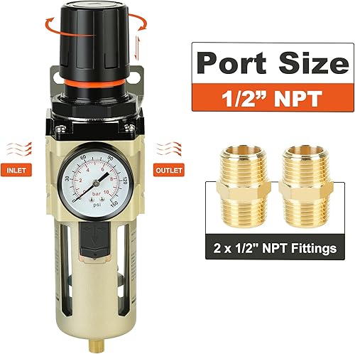 Miniatura 6 de Hromee Combo de regulador de filtro comprimido de 12 pulgada, compresor de aire, separador de trampa de aceite de agua con manómetro, drenaje