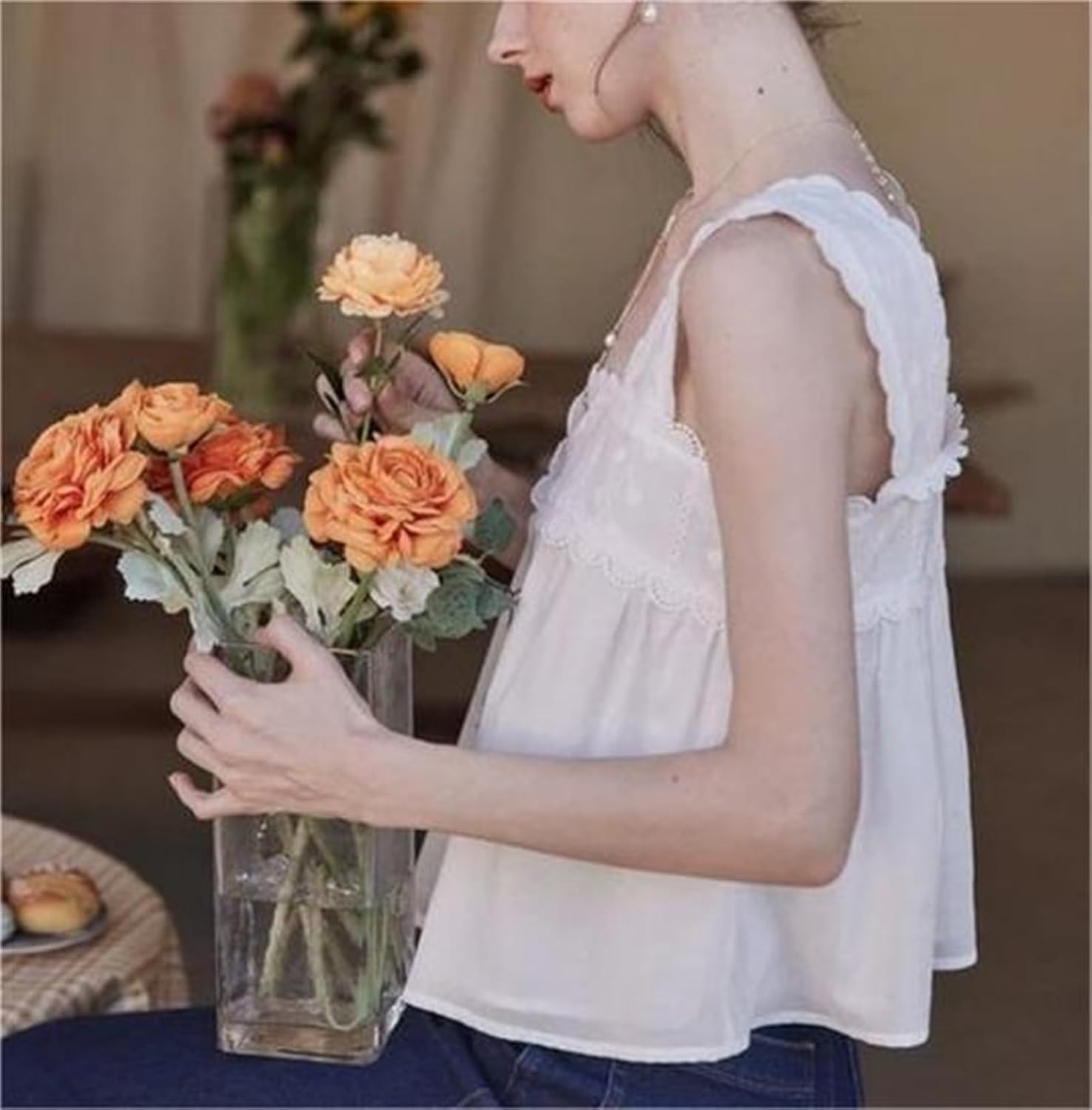 Women Lace Ruffle Tank Top Y2k Ruffle Hem Solid Color Babydoll Tops Sleeveless Lace Trim Tank Shirt Streetwear - Image 3