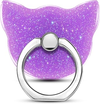 TACOMEGE Bling Glitter Phone Grip, Cat Cell Phone Ring Holder Stand Purple For Women Girls, Compatible with Smartphone, Tablet, E-Reader, Etc PU Cat PU