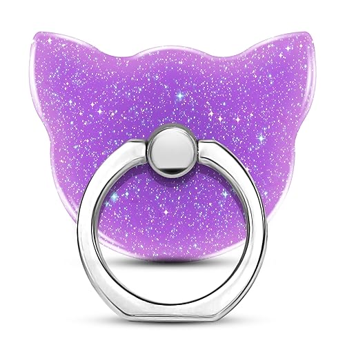 TACOMEGE Bling Glitter Phone Grip, Cat Cell Phone Ring Holder Stand Purple For Women Girls, Compatible with Smartphone, Tablet, E-Reader, Etc (PU) (Cat PU)